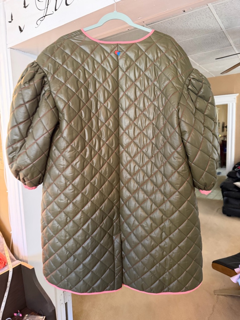 Clare V Olive Quilted Coat with Pink Trim - Picture 3 of 10